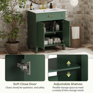 English Elm 30-inch bathroom vanity with ceramic basin, solid wood frame, soft-close doors and adjustable shelves for organized style and lasting durability Green N729P173380F
