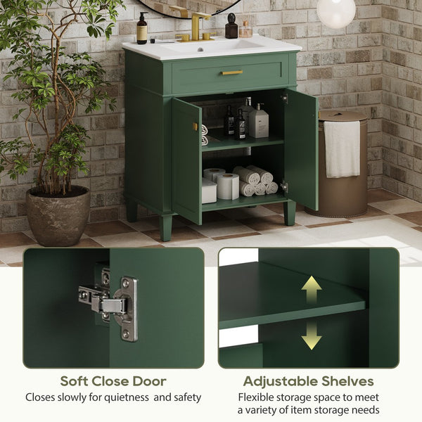 English Elm 30-inch bathroom vanity with ceramic basin, solid wood frame, soft-close doors and adjustable shelves for organized style and lasting durability Green N729P173380F
