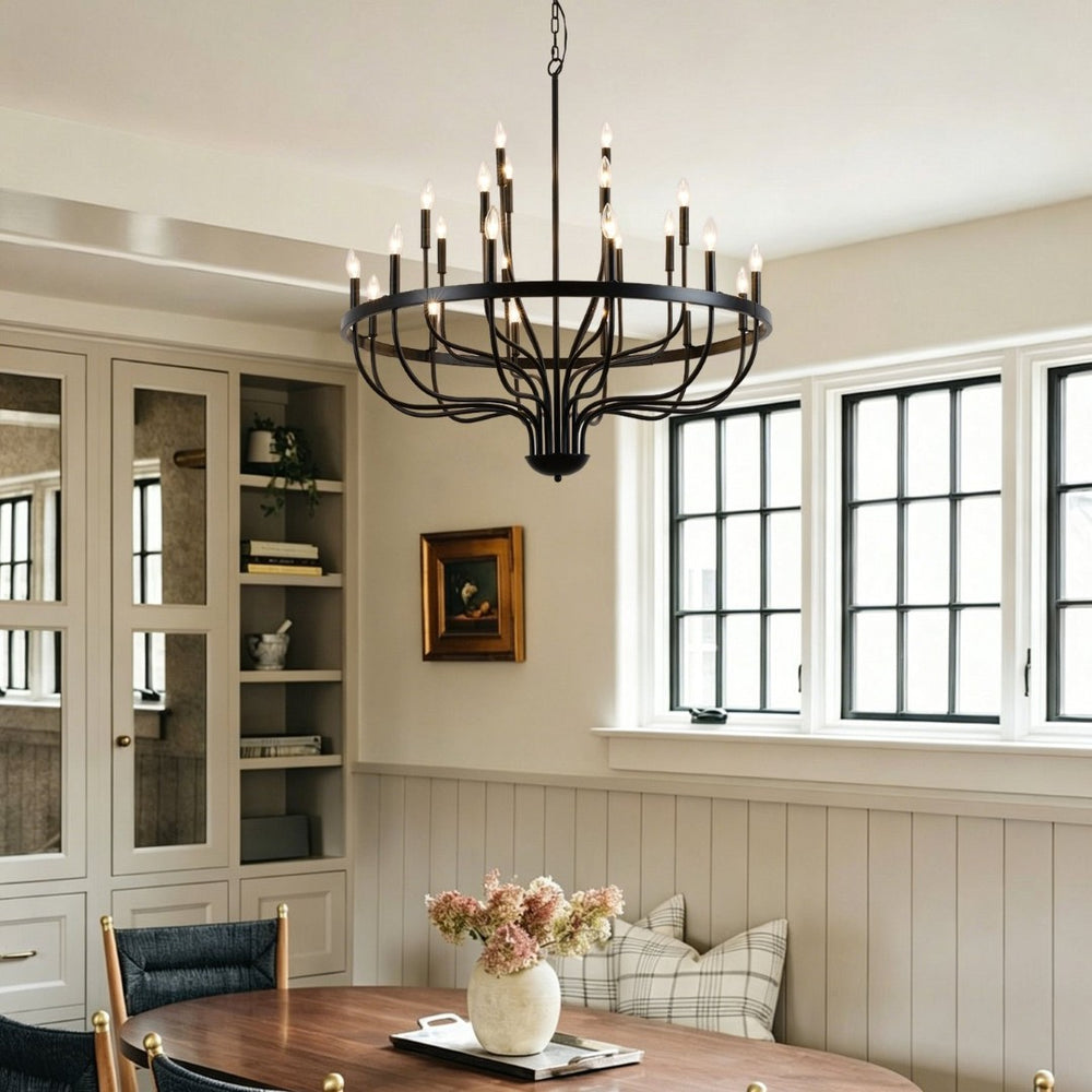 English Elm 39.3 Inch Wood Wagon Wheel Chandelier with Seeded Glass Shades 20-light Farmhouse W5008P464942