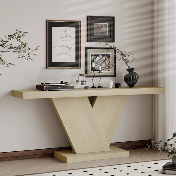 English Elm 66" Mid-century X-leg Console Oak Wash Veneer Entryway Sofa Table Geometric Base Imitative Oak W1435P337636