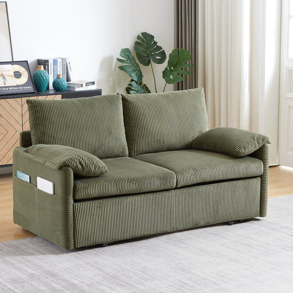 English Elm MH'' MH' 64.5 Inch Sleeper Sofa Bed with Corduroy Upholstery, Sturdy Wood & Iron Frame, 3-in-1 Convertible Comfort Green W1193S00127