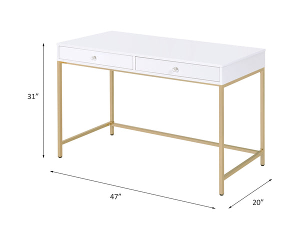 English Elm Ottey High-Gloss White Writing Desk with Gold Metal Base, 2 Drawers, Crystal Knob, Modern Luxe Office B2726P256256