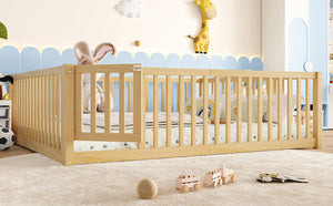 English Elm Queen Kids Floor Bed Pine Wood Frame with Safety Rails Door and Low Profile Design Natural W1580P417673