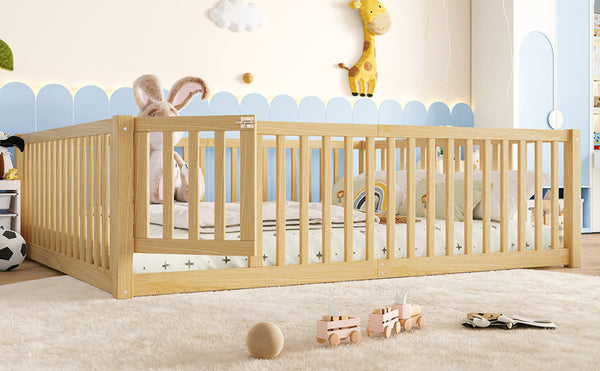 English Elm Queen Kids Floor Bed Pine Wood Frame with Safety Rails Door and Low Profile Design Natural W1580P417673