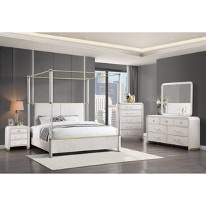 English Elm Malco Queen Oak Four Post Bed with Upholstered Headboard, Gold Accents, Low Profile Solid Wood Design B201S00423