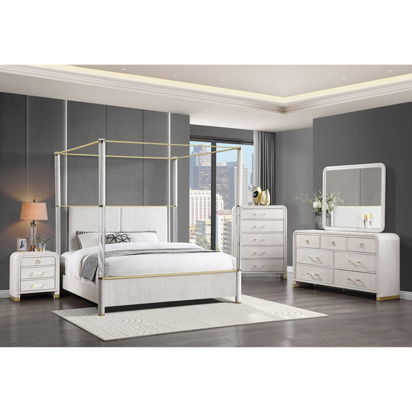 English Elm Malco Queen Oak Four Post Bed with Upholstered Headboard, Gold Accents, Low Profile Solid Wood Design B201S00423