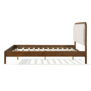 English Elm Queen Solid Acacia Platform Bed Curved Beige Upholstered Headboard Brown Oak Finish N758Q517071N