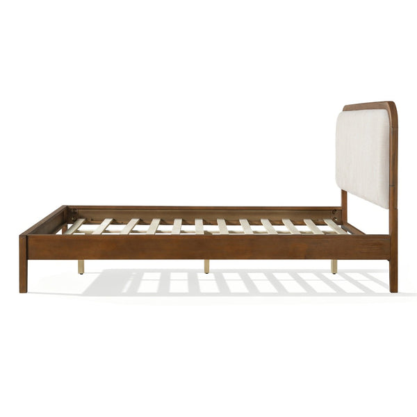 English Elm Queen Solid Acacia Platform Bed Curved Beige Upholstered Headboard Brown Oak Finish N758Q517071N