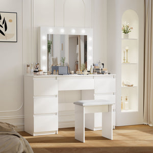 English Elm Large White Vanity Table with Mirror & Lights, 4 Deep Drawers, Durable E1 Particleboard, Matte Finish W2139P179891