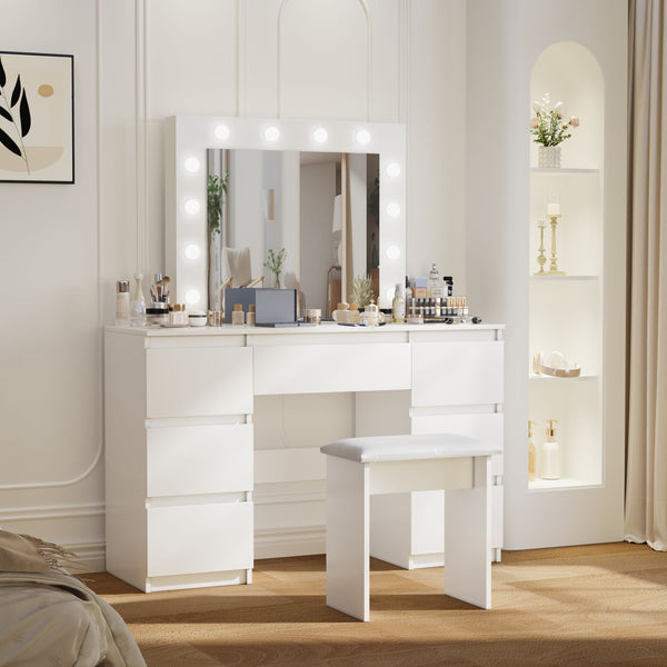 English Elm Large White Vanity Table with Mirror & Lights, 4 Deep Drawers, Durable E1 Particleboard, Matte Finish W2139P179891