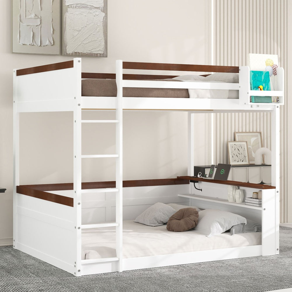 English Elm Queen Size Wooden Bunk Bed With Storage, Led Light, Usb Charging & Shelves For Modern Living Space N7090005006K-GIGA