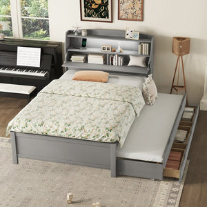 English Elm Full Size Wooden Led Platform Bed With Trundle, Storage Headboard & Usb Charging – Gray Finish N820S10009E