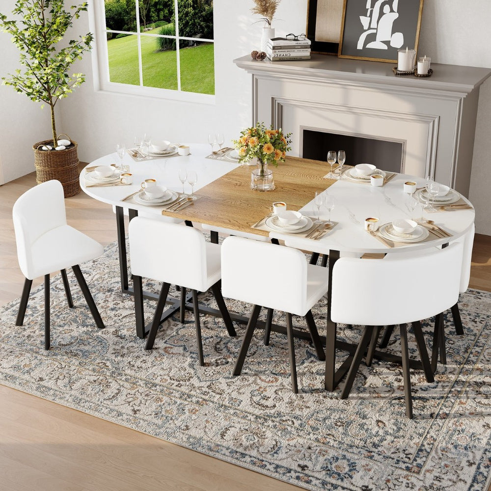 English Elm 9-piece Oval Dining Set Seats 8 with Faux Marble Wood Top and Pu Leather Chairs W3875S00152