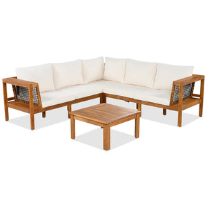English Elm <old Old Sku Acacia Wood L-shaped Patio Sectional with Woven Rope Armrests Resort Cushioned Set Beige,Teak N704F201249N