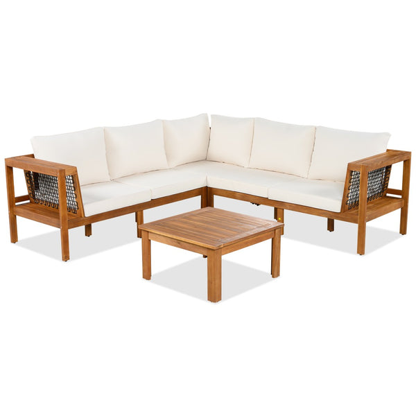 English Elm <old Old Sku Acacia Wood L-shaped Patio Sectional with Woven Rope Armrests Resort Cushioned Set Beige,Teak N704F201249N
