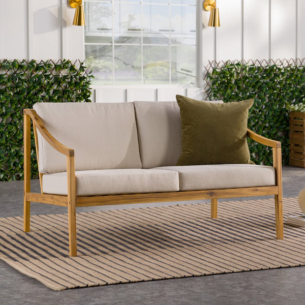 English Elm Walker Edison - Modern Curved Arm Solid Wood Upholstered Outdoor Loveseat Natural Acacia, Removable Cushions, Eco-Friendly Finish, Slatted Design, Easy Assembly B185P169200