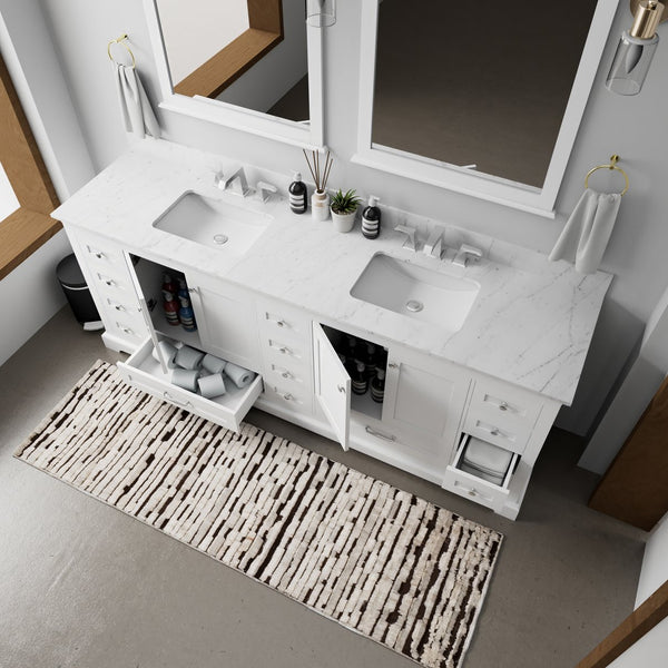 English Elm White Double Bath Vanity 84" W x 22" D with Carrara Marble Top, Solid Wood, 14 Drawers, Soft-Close B2731P258291