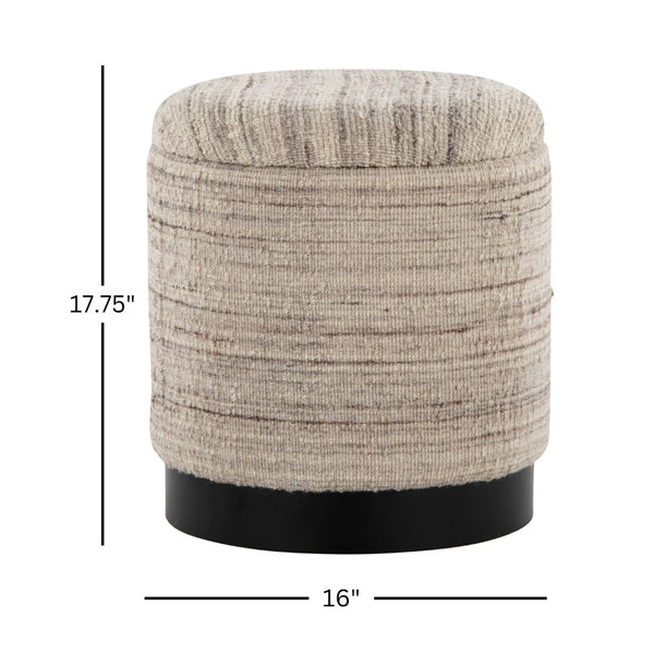 English Elm 18" Handwoven Wool Storage Ottoman with Black Metal Base for Modern Living Rooms B202P471517