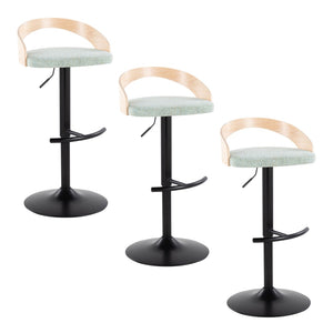 English Elm Adjustable Swivel Barstools Set of 3 Chrome Base Natural Wood Green Fabric Seat B202S02016