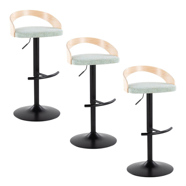 English Elm Adjustable Swivel Barstools Set of 3 Chrome Base Natural Wood Green Fabric Seat B202S02016