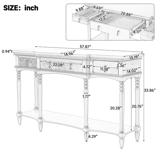 English Elm [video] Solid Pine Console Table Ornate Carved Legs Copper Hardware Soft-close Drawers Black N759P433566B