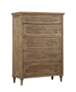 English Elm Wallace & Bay - Taupe Rustic 5-Drawer Chest in Sandstone Buff Finish — Spacious, Low-Maintenance Wood Storage, 60"H B361P384432