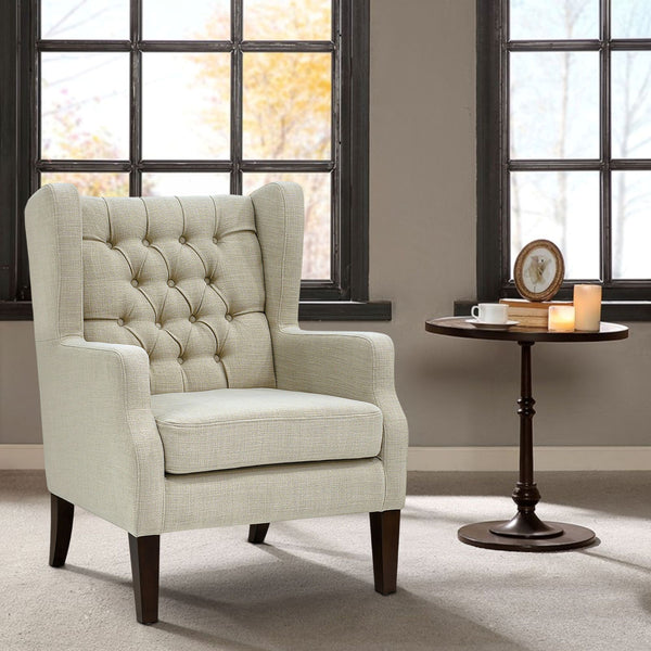JLA Home Madison Park - Button Tufted Wing Chair with Linen Woven Upholstery, Tufted Back, Sloped Arms & Tapered Legs FPF18-0435