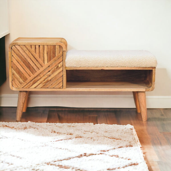English Elm Solid Wood Boucle Upholstered Telephone Table With Carved Drawer & Open Shelf For Stylish Storage B182P280795-GIGA