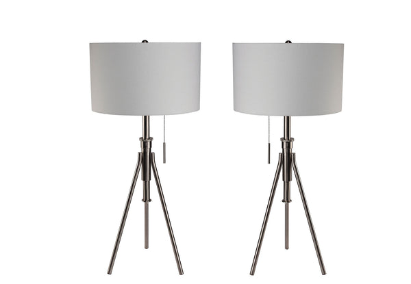 English Elm Vintage Tripod Floor Lamp with Stained Gold Metal Legs, Ivory Shade, Pull Switch, Adjustable Height Brushed Chrome 28.5 L x 16 W x 12 H B2741P317233