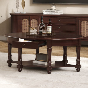 English Elm Vintage Oval Coffee Table With Drawer And Open Shelves, French Country Style Accent Table In Walnut N735P277388D-GIGA