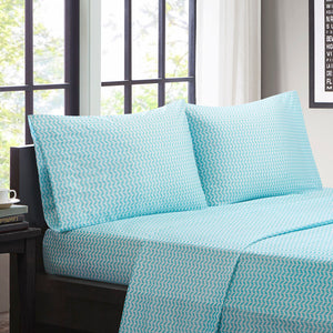 JLA Home Intelligent Design - Printed Microfiber Sheet Set with Vivid Chevron Print, OEKO-TEX, Antimicrobial, Wrinkle-Resistant Finish Aqua ID20-300