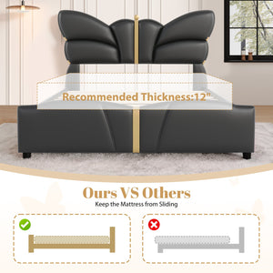 English Elm Christopher Knight Home® - Full Upholstered PU Leather Bed Frame with Butterfly Headboard, Gold Accents, Solid Wood Platform Black 78.25 L x 10 W x 3.25 H N761S0000018B