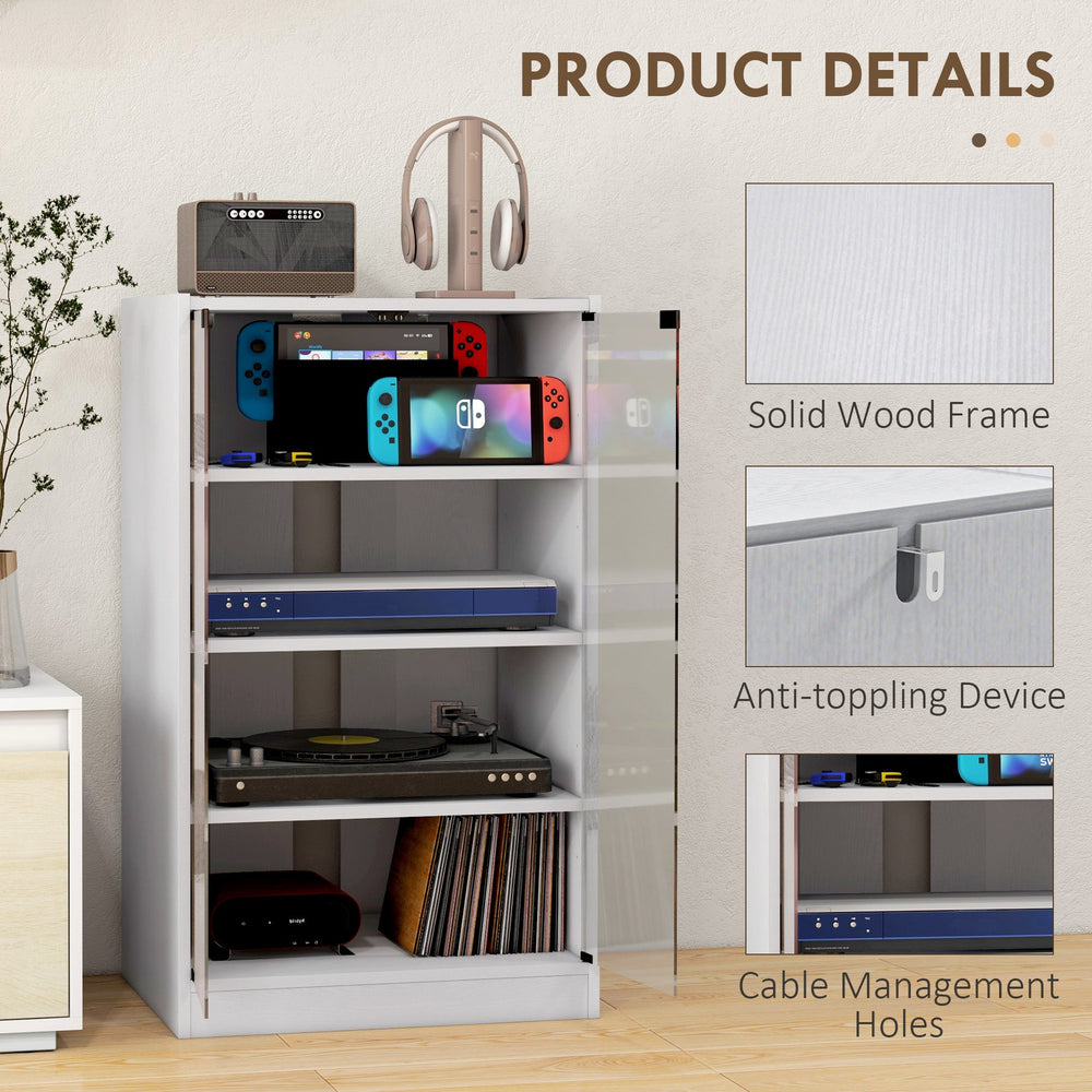 English Elm HOMCOM 4-Tier Media Cabinet with Tempered Glass Doors, Adjustable Shelves, Cable Management, Sleek AV Storage White W2225P200450