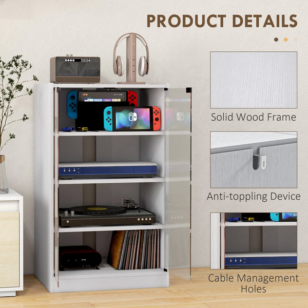 English Elm HOMCOM 4-Tier Media Cabinet with Tempered Glass Doors, Adjustable Shelves, Cable Management, Sleek AV Storage White W2225P200450