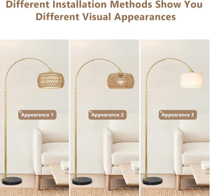 English Elm Gold Boho Floor Lamp with Remote Dimmable LED, Dual Rattan & Fabric Shades, Adjustable Arc Light Brown+Black W2738P185418