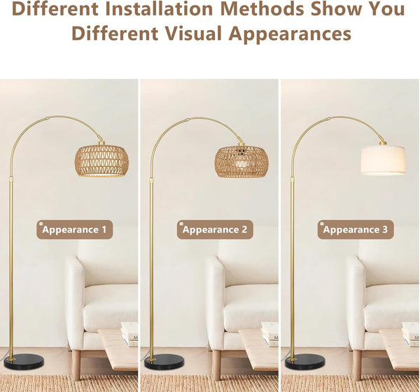 English Elm Gold Boho Floor Lamp with Remote Dimmable LED, Dual Rattan & Fabric Shades, Adjustable Arc Light Brown+Black W2738P185418