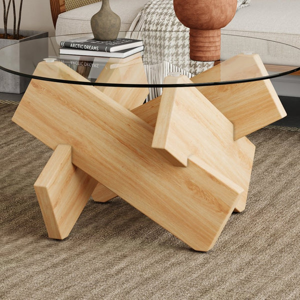 English Elm Circular Tempered Glass Round Coffee Table with Wood Tone Mdf Legs for Modern Living W1151P146792