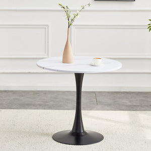 English Elm Round Faux Marble Tulip Pedestal Dining Table Mid Century Modern for Small Bistro Spaces Black White W2920P400972