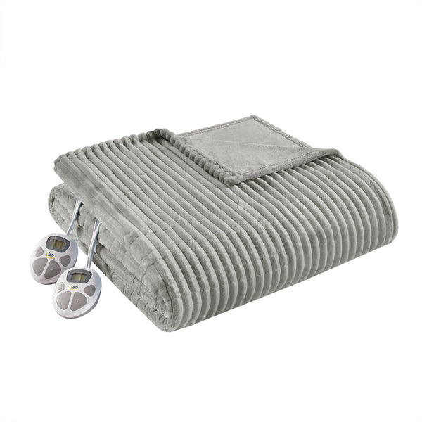 JLA Home Serta - Heated Blanket with 10 Heat Settings, Plush Ribbed Fabric, Auto Shutoff & 5-Year Warranty for Cozy Comfort Grey ST54-0287