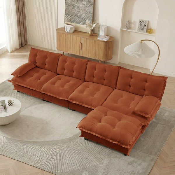 English Elm 138" Chenille Modular Cloud Sectional with Ottoman Deep Seat Lounge Sofa for Apartments Orange W714S01741