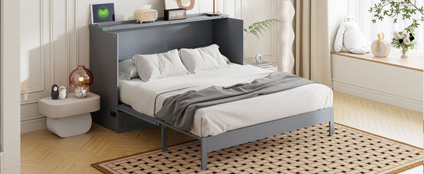 English Elm Queen Murphy Wall Bed with Usb Ports Storage Drawers and Cabinet Style Panel Front Gray N708S00010E-1