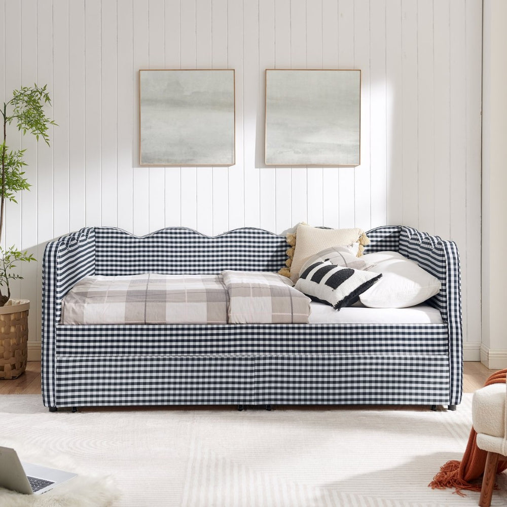 English Elm Full Size Gingham Linen Daybed with Wave Backrest Trundle and Usb Charging Port Navy Blue W1413S00148