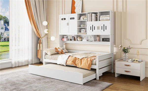 English Elm Twin Size Daybed With Trundle & Integrated Storage Shelf - Modern White Design For Kids & Teens N820S00026K-GIGA