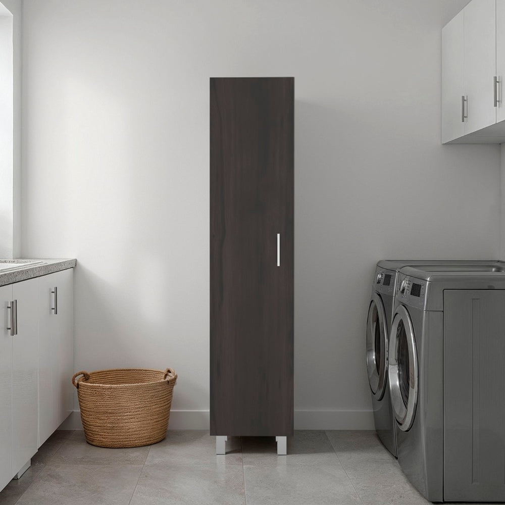English Elm Vernon Narrow Freestanding Storage Cabinet with Interior Shelving and Broom Hooks Dark Walnut B097P474305