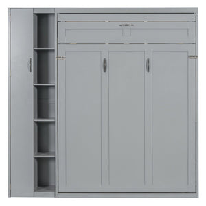 English Elm Full Size Murphy Bed with Open Shelving Wardrobe and Led Lighting for Studio Spaces Gray LP000898AAE-1