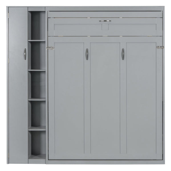English Elm Full Size Murphy Bed with Open Shelving Wardrobe and Led Lighting for Studio Spaces Gray LP000898AAE-1