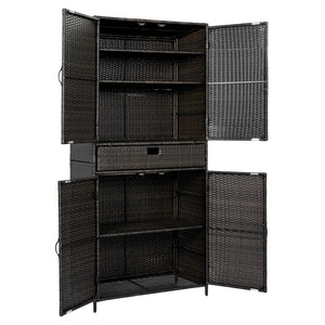 English Elm K&k Tall Arched Pe Rattan Outdoor Storage Cabinet with Adjustable Shelves and Steel Frame Brown+Black N707P420102D