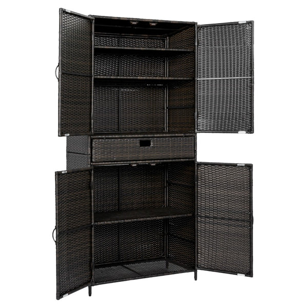 English Elm K&k Tall Arched Pe Rattan Outdoor Storage Cabinet with Adjustable Shelves and Steel Frame Brown+Black N707P420102D