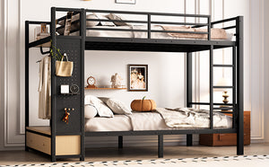 English Elm Full Metal Bunk Bed For Teens - Space-Saving Full Over Full Design With Storage Shelves & Drawers, Black W1580S00234