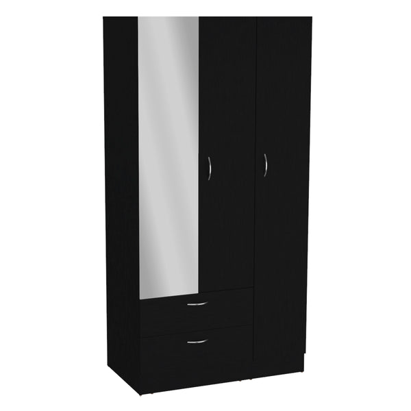 English Elm Riverside Mirrored Armoire with Three Doors, Two Drawers, Four Shelves and Hanging Rod for Wardrobe Organization Black 71 L x 16.9 W x 3.9 H B070S00215